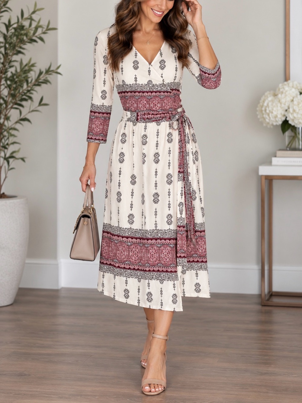 LuLaRoe Cream Dress with Burgundy and Gray Print Wrap Style